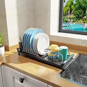 Bytebliss Dish Drying Rack, Expandable Dish Rack for Kitchen Counter with Utensil Holder, Stainless Steel Small Dish Drainer Organizer with Drainboard for Kitchen in Sink