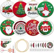 Riceshoot 8 Set Embroidery Kit for Beginner Adults Cross Kit with Pattern Instruction, Embroidery Cloth and Hoops, Thread, Needle, Needle Threader, Thread Remover, Scissors(Christmas)