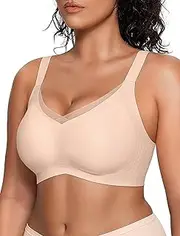 [Vertvie] Wireless Bras for Women Seamless Push Up Support Bra Comfort Full Coverage V Neck Lace Padded Bralettes Non Wired Everyday Bra
