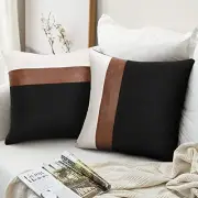 Set of Faux Leather and Linen Throw Pillow Covers 18x18 Inch 18*18 inch 2