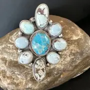 Womens Golden Hills Turquoise Navajo Sterling Silver Cluster Ring Sz 8.5 16285