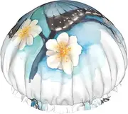 Blue Butterfly On Blossom Flower Print Various Activities Shower Cap Reusable Soft And Lightweight Bath Hair Cap Long Hair