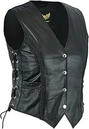Leatherick Women Top Grain Genuine Buffalo Black Ladies Leather Vests for Motorcycle Bikers