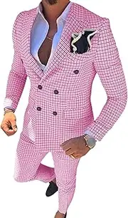 [JEShifangjiusu] Men - Casual Slim Plaid 2 Piece Suit Square Collar Blazer Tuxedo Sports Jacket Pants, Pink, M