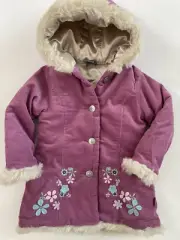 Pumpkin Patch Girls Corduroy Coat Jacket Hooded Faux Fur Floral Applique 3T NWT