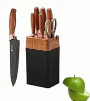 Knife Set, 7 PCS Stainless Steel Kitchen Knife Block Set with Built in Knife Sharpener, Black Non Stick Coated Knife, No Rust and Sharp Knife for Chopping, Slicing and Dicing, Light Brown Handle
