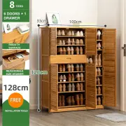 8 Tier Bamboo Large Capacity Storage Shelf Shoe Rack Cabinet 4 Doors 1 Drawer