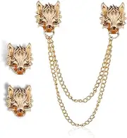 [YOOESTORES82] 2PCS Wolf Head Long Collar Chain Brooch.Gold Silver Chain Tassel Brooch Pin,Punk Cool Animal Head Collar Coat Pin for Men's Suits Shirt Pin
