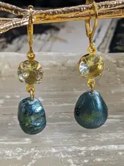 Aquamarine 1.87 Carats & Freshwater Blue Baroque Pearls In Drop Down Earrings