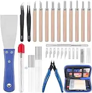 Glarks 34Pieces 3D Printer Nozzle Cleaning Removal Tool Kit, Including 0.35mm 0.4mm Cleaning Needles, Wood Carving Tools Kit, Knife Clean Up Kit, Tweezers, Scraper, Wire Cutter