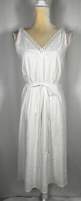 GIBSON LATIMER Dress A-Line Large Flare Linen Belt Midi Sleeveless White Modest