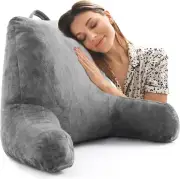 Back Pillow for Sitting in Bed Shredded Memory Foam Support with Arms (Grey)