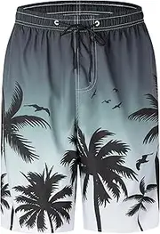 [Yhjoxlp] Mens Swim Trunks Quick Dry Board Shorts with Mesh Lining, Breathable Fit Print Beach Shorts Swimwear Bathing Suits, Black White Palm, Small