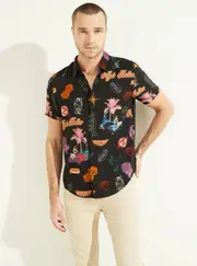 GUESS Eco Black Road Trippin Rayon Shirt Size: Large, Viscose Rayon