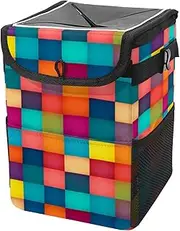 Car Trash Can with Lid and Storage Pockets Leak-Proof Organizer,Multipurpose Trash Bin for Car,Colorful Modern Plaid Pattern