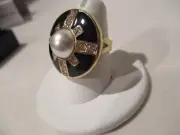 AVON Deco Fab Adjustable Ring Faux Pearl Center Rhinestone Embellished Enamel