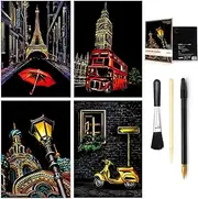 MUGIT Scratch&Sketch Art Paper(A4) for Kids&Adults, Rainbow Painting Night View Scratchboard, Art&Craft, Engraving Art Set: 4 Scratch Cards & Scratch Drawing Pen, Clean Brush (Street Corner)