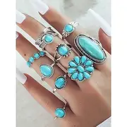 Women's Boho Turquoise Ring Set – Vintage Alloy Stackable Rings with Gemstone Accents for Western Style, Festivals or Daily Wear