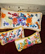 3 Hand Embroidered Throw Pillows/Shams !:12 to 1:6 Scale Dollhouse OOK