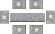 Bright Dream Table Runner and Placemats Set of 6 Kits Long Modern for Dinner Table Colorful Woven Vinyl Heat-resistand (1 Table Runner and 6 Placemats, Smoky Gray)