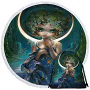 The Moon Goddess Forest Wolves and Beautiful Maiden Round Beach Towel