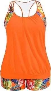 [Holipick] Plus Size Tankini Swimsuit for Women Two Piece Tummy Control Bathing Suit Blouson Racerback Tankini Top with Shorts