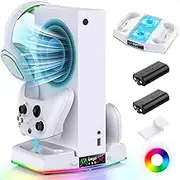 FYOUNG Charging Station for Xbox Series S Console, Upgrade Vertical Controller Charging Station Accessory with 15 RGB Light, Cooler Fan System, 2 x 1400 mAh Rechargeable Battery, Headset Holder