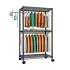 Rolling Clothes Rack Portable Closet Wardrobe with Wheels and Side Hooks, 2 H...