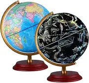 Illuminated World Globe for Kids With Wooden base Night View Stars Constellation Pattern Globe lamp with Detailed World Map Built-in LED Educational Gift Night Stand Decor + pen and Cleaning Cloths