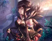 Anime black hair pointy ears long yellow eyes cleavage Playmat Gaming Mat Desk