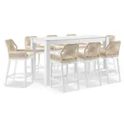 Hugo Outdoor Ceramic 2m Rectangle Aluminium Bar Table with 8x Hugo Rope Bar Stools 8 Seats - White - Cream