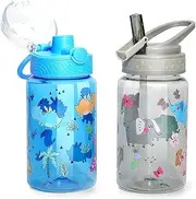 Home Tune 16oz Kids Water Drinking Bottle - Tritan BPA Free, Flip Straw Lid, Wide Mouth, Carry Loop, Lightweight, Leak-Proof Water Bottle Cute Design for Girls & Boys - 2 Pack Elephant & Dinosaur