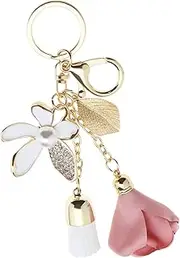 [eMagTech] Flower Pendant Keychain Tassel Leaf Key Ring Rhinestone Charm Key Fob Handbag Ornament Key Decoration for Women Girls Zinc Alloy Pink-gold