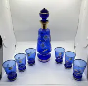 Blue Bohemia Crystal Czech Wine Glasses Set Of 6 Cups and Decanter NOS
