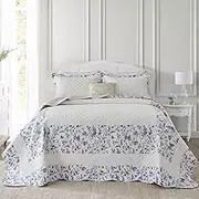 CozyStitch Floral Bedspread 128"x120" Oversized King Bedspread, 100% Cotton Oversized Super King Quilt with 2 Pillowshams, Lightweight Farmhouse Quilted Bedspreads Coverlet Set, White/Blue, 3 Pcs