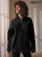Black Velour Lined Borg Half Zip Fleece (B50805) | $48