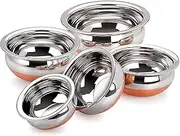 Indian Serving Handi 5 Pcs. Set - Copper Bottom 500ml, 750ml, 900ml, 1400 ml, 1900 ml. Stainless Steel Cooking Pot Biryani Punjabi Kitchen Serving, Bowl (5-Pieces)