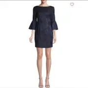 Aidan Mattox Bell Sleeve Jacquard Sheath Dress Black Navy NWT Size 6