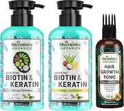 Nutrainix Organics Biotin & Keratin Therapy Shampoo, Conditioner, Hair Tonic Combo | Shampoo for Hair Fall - 300ml | Conditioner for Hair Growth - 300ml | Hair Gain Tonic for Mens - 100ml - Pack of 3