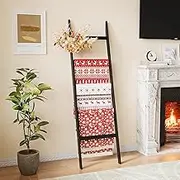 Blanket Ladder Towel Racks for Bathroom 5 Layers Towel Holder 100% Bamboo Wood Sturdy Construction No Need Wall Drilling Quilt Scarf Storage Solution Decorative Leaning Shelf for Living Room (Black)
