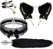 Stainless steel anal plug with fox tail fox ears headband 4Pcs Set Cat Fox Tail Butt Plug Anal Dildo Anal Ball Sex Toys For Women Couples(Schwarz)