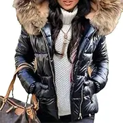 [JEShifangjiusu] Female Warm Winter Coat, Hat with Hat, Coat with Artificial Collar, Thick Stitching, Fluffy Snow Coat, Black, XL