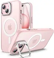 JETech Kickstand Case for iPhone 15 6.1-Inch Compatible with MagSafe, Built-in Adjustable Camera Stand, Translucent Matte Magnetic Back Slim Shockproof Phone Cover (Pink)
