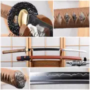 Archaistic Japanese Samurai Katana Sword Real Hamon Silver Plated Wave Kashira