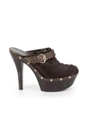 Brown Pony Hair Studded Platform Mules