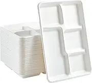 Vplus 100% Compostable 5 Compartment Paper Plates, 100 Pack, 12.5 * 8.6 inch Disposable School Lunch Trays, Eco-Friendly Bagasse Plates for Buffet, and Party