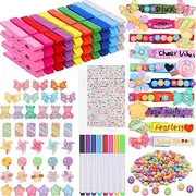 380 Pcs Cheer Pins Spirit Clips Kit with 30 Color Clothespins, 40 Mini Resin Charms, 300 Letter Beads, 8 Pens & Stickers – Cheerleader Gifts for Backpacks, Teams, Classroom & Party Activities