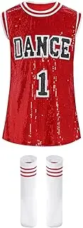 [Jugaoge] Kids Girls Hip Hop Dance Costume Jersey Sequin Jazz T-Shirt Dress Cheerleading Long Tank Top with Socks Set
