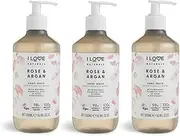[I LOVE] Naturals Rose & Argan Hand Wash, Natural Oils Of Rose & Patchouli, Gently Removes Impurities, Refreshing & Cleansing Formula, 100% Recycled Bottle & Vegan-Friendly - 3 x 19.91 fl oz