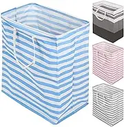 Rustark 1 Pack 100L Large Collapsible Laundry Basket Hamper with Sturdy Handles, Freestanding Laundry Basket Blue Stripe Laundry Hamper for Laundry, Bedroom, Dorm, Toys, Storage